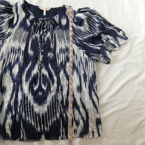 Rebecca Taylor Silk Short Sleeve Button Up Blouse Tie Neck Blue White 8 - Picture 14 of 15